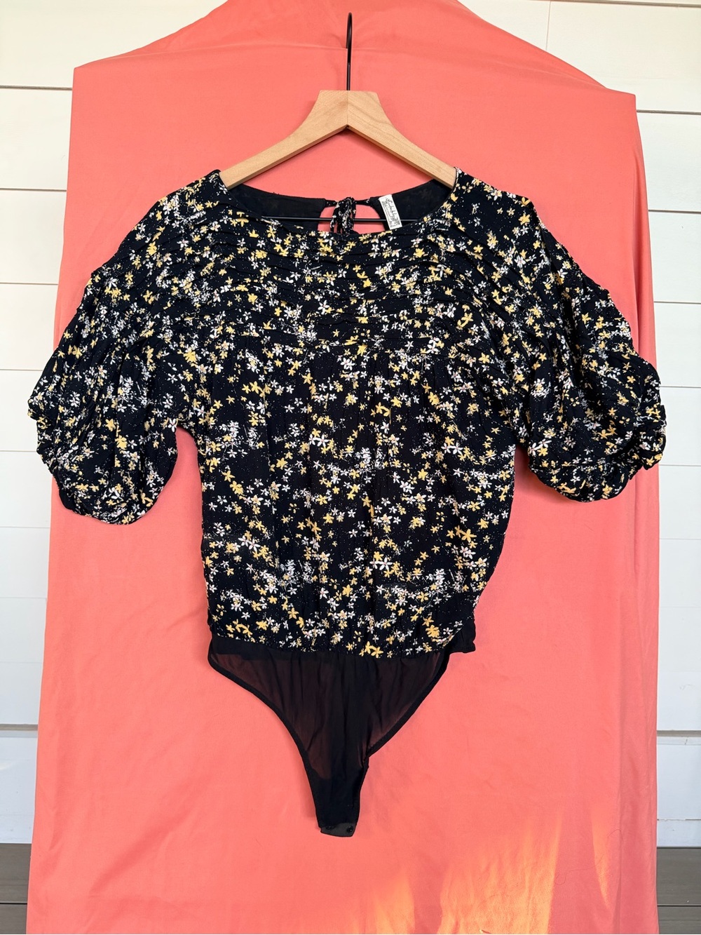 Intimately Free People Floral Puff Sleeve Bodysuit Boho Cottagecore Black XS